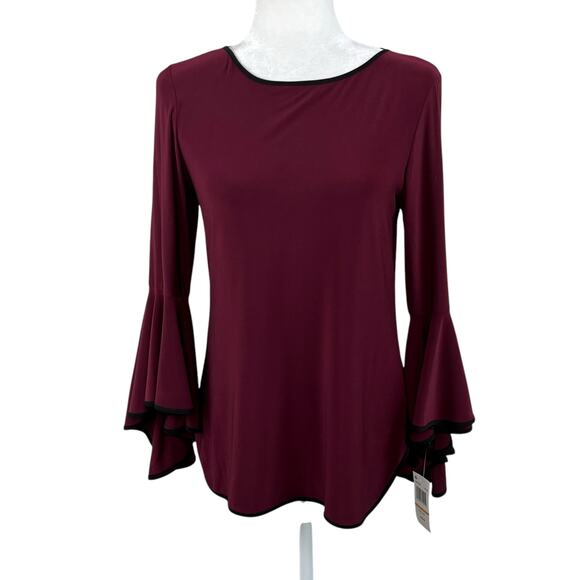 Sam & Jess Maroon Wine Contrast Trim Round Hem Bell Sleeve Blouse Top Small NWT - Picture 3 of 16